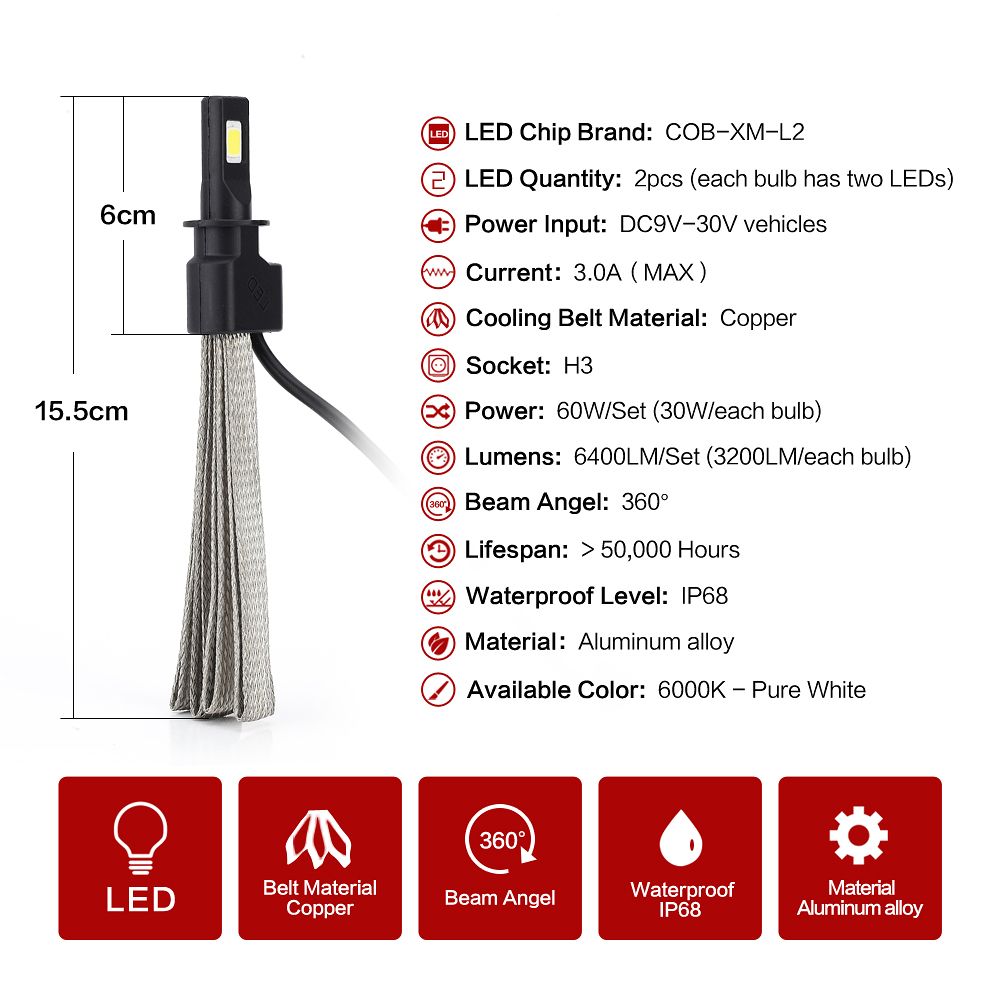 H3 30W 6000k Canbus LED Headlight Conversion