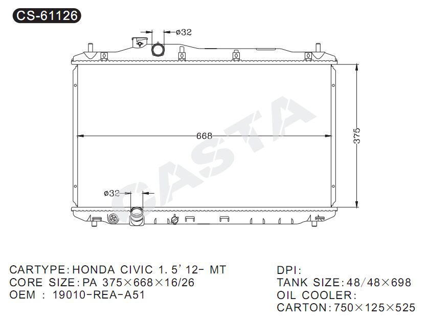 Assembly car radiator for Honda Civic 1.5'12-mt