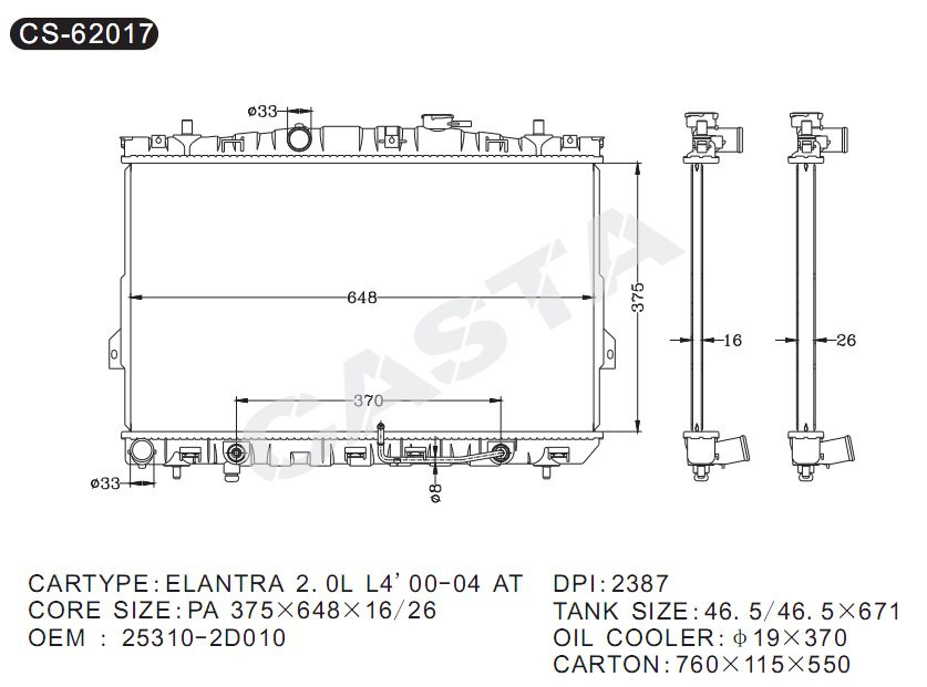 Promotional Aluminum Auto Radiator for Hyundai Elantra2.0L L4'00-04AT