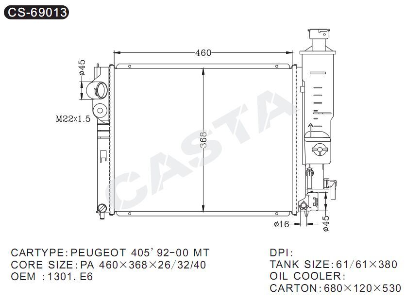 OEM: 1301. E6 Engine cooling radiator for Peugeot 405'92-00mt