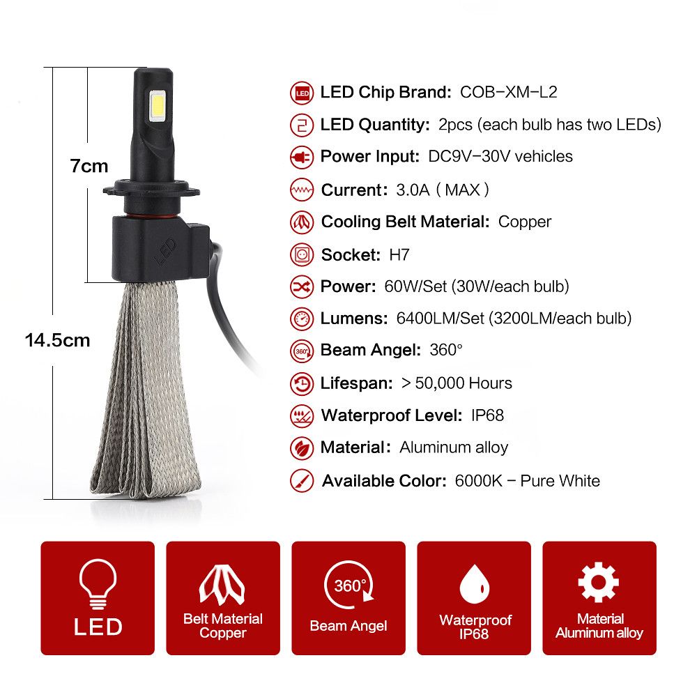 H7 3200lumens 30W 6000k LED Headlight Conversion