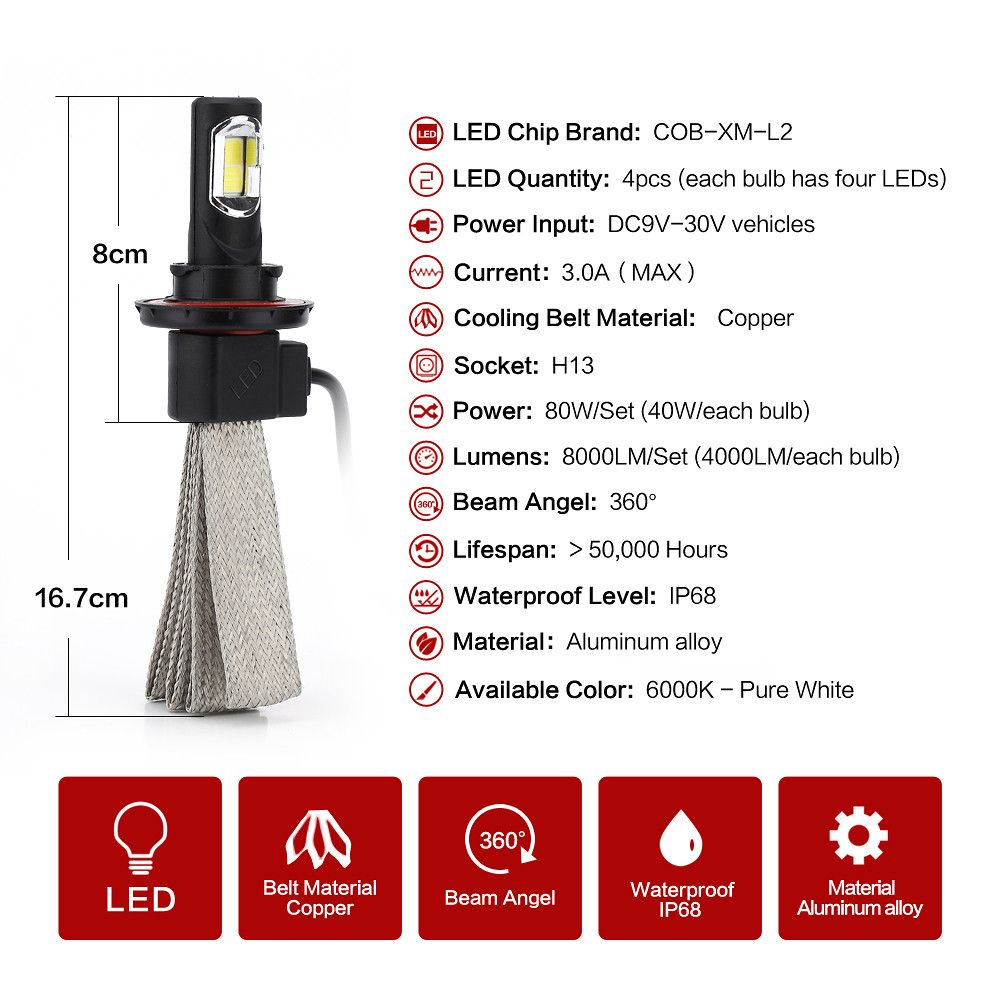 H13 30W 6000k COB LED Headlight Conversion