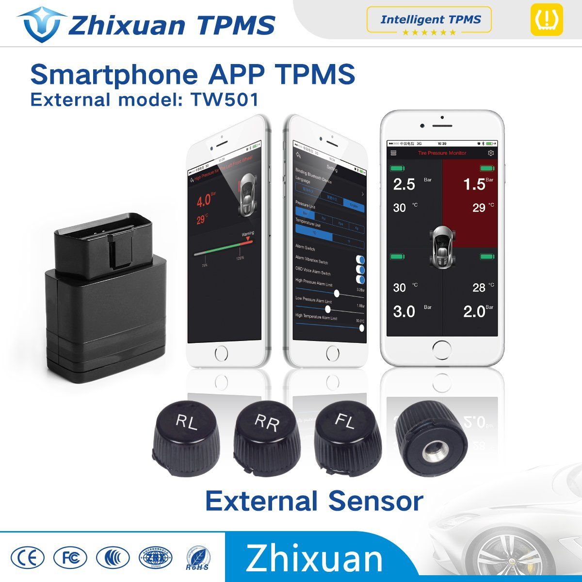Mobile Phone Bluetooth TPMS APP Display Tire Pressure Monitor Systems 4 External Sensors OBD Interface TPMS for Car Alarm System