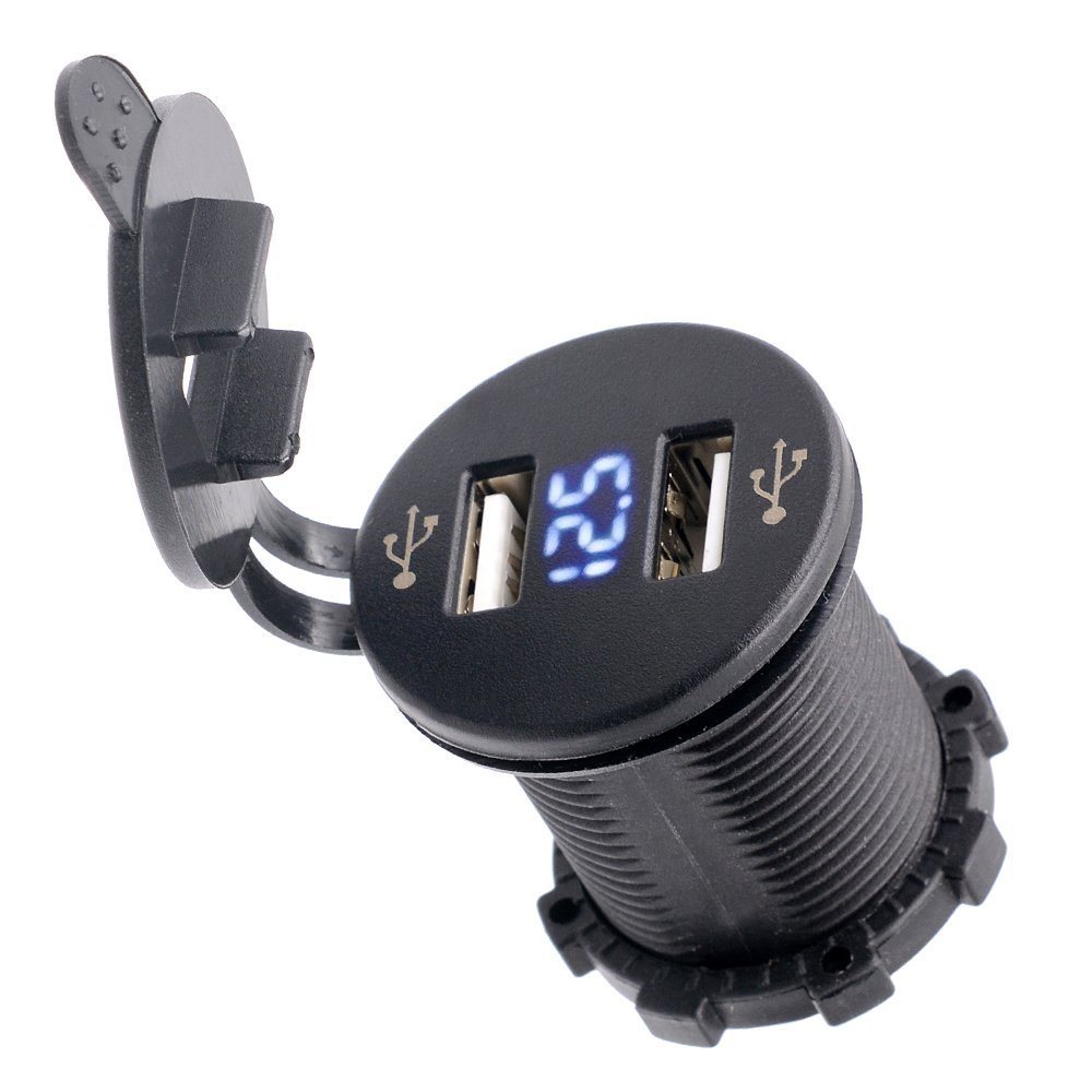 Dual USB Charger Socket Power Outlet 2.1A & 2.1A with Voltmeter for Car Boat Marine Mobile
