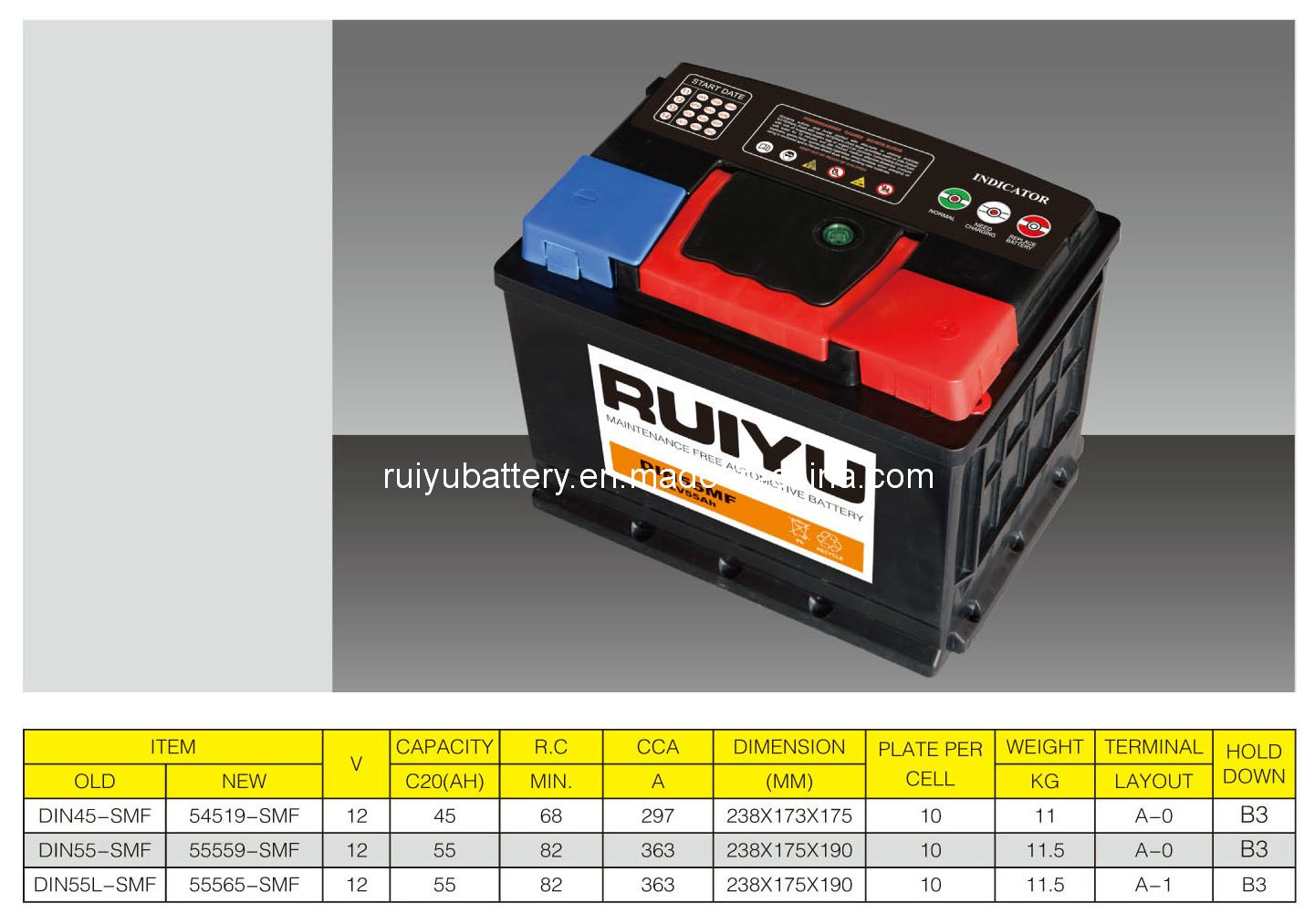 12V55ah DIN55L Maintenance Free Auto Battery Car Battery