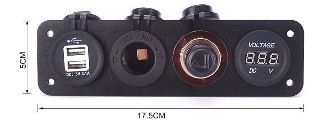 Red Digital Voltmeter & 2X12V Cigarette Lighter Socket Plug & Double USB Power Charger Adapter Aluminum Flush Mount Panel Black RV Car Boat