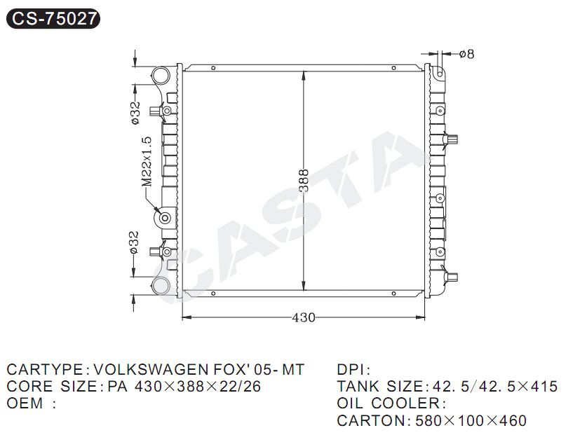 Aftermarket car radiator for Volkswangen fox'05-mt