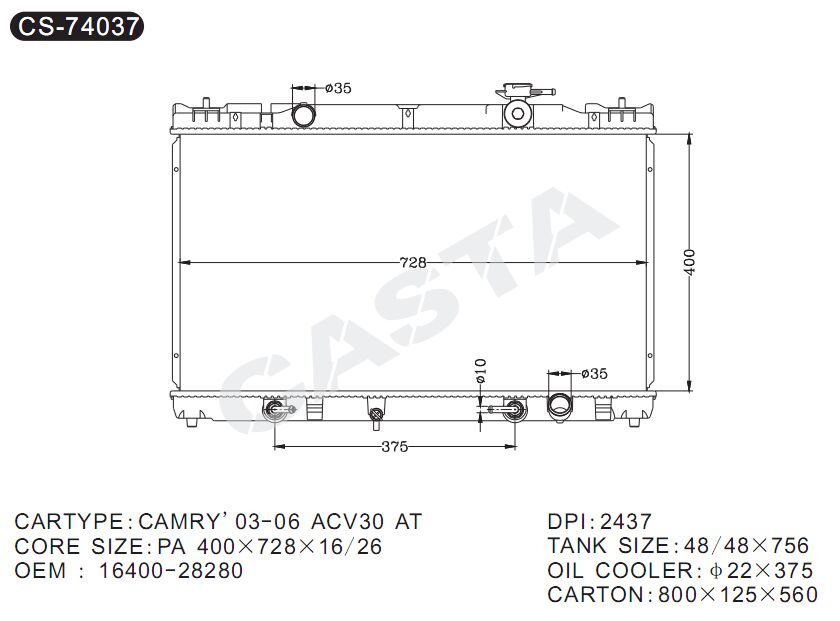 Spare Parts Aluminum Radiator for Camry'03-06 Acv30 AT