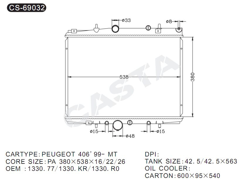 Efficient auto radiator for Peugeot 406'99-mt