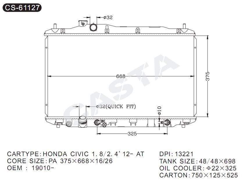 Engine Spare Parts Auto Radiator for Honda Civic 1.8/2.4'12-At