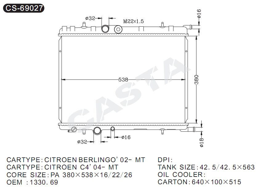 Wholesale Auto Parts Aluminum Radiator for Citroen Berlingo'02-Mt OEM: 1330.69