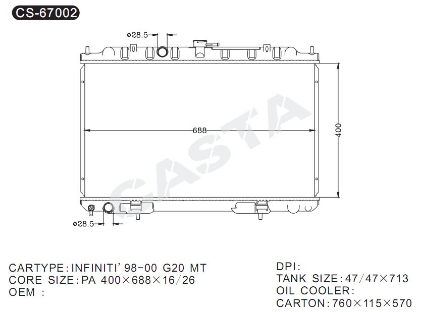 High efficiency of auto radiator for Nissan Infiniti'98-00 G20 mt