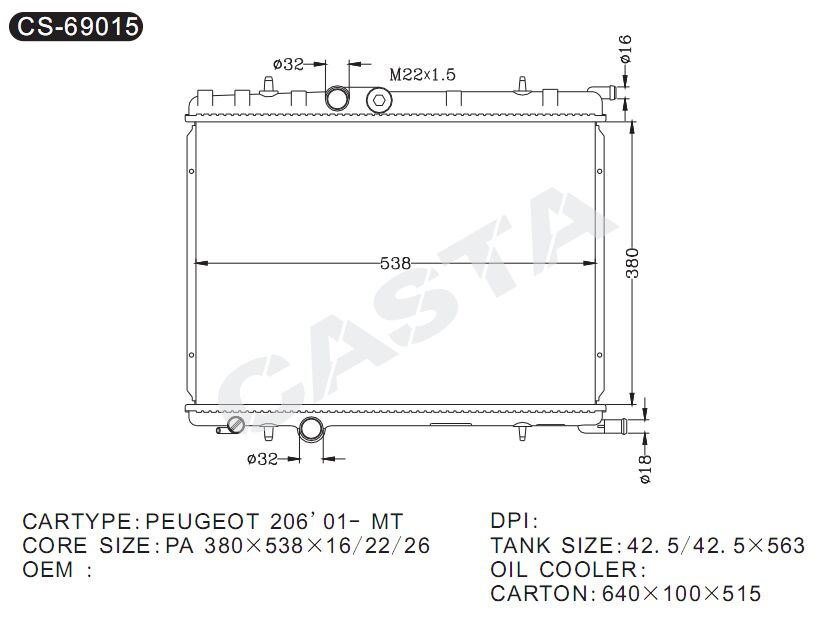 Efficient cooling Peugeot aluminum auto radiator for 206'01-Mt