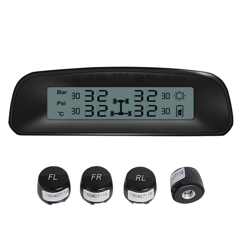 Universal Solar Power TPMS, Wireless Tire Pressure Monitoring System with 4 DIY External Cap Sensors (0-4.5Bar/0-65Psi)