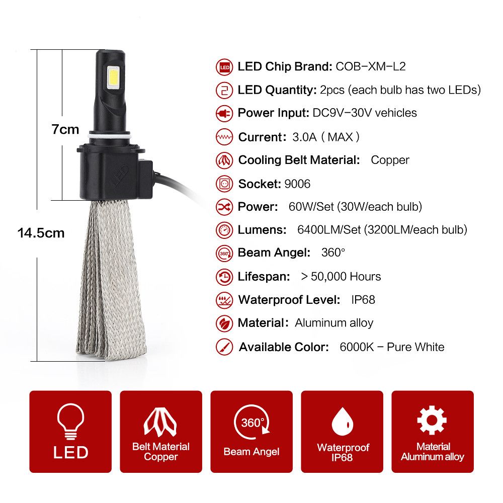 9006 3200lumens 30W 6000k LED Headlight Conversion