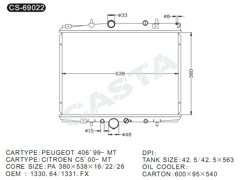 for Peugeot 406'99-Mt of aluminum car radiator