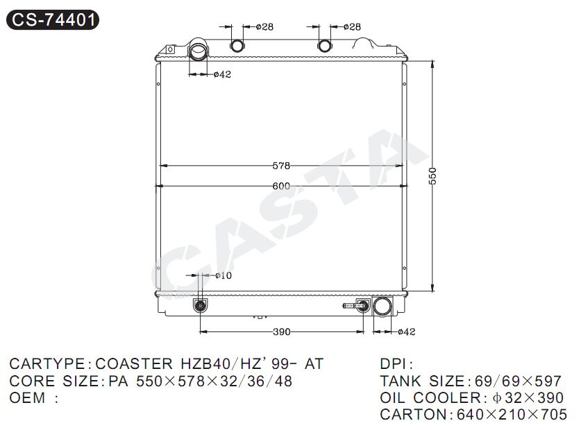 Advanced auto radiator for Toyota Coaster Hzb40/Hz'99-AT