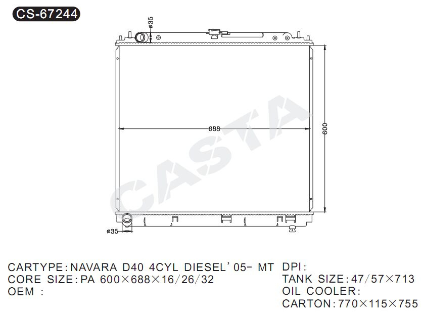 Original quality aluminum auto radiator for Nissan Navara D40 4cyl Diesel'05-mt