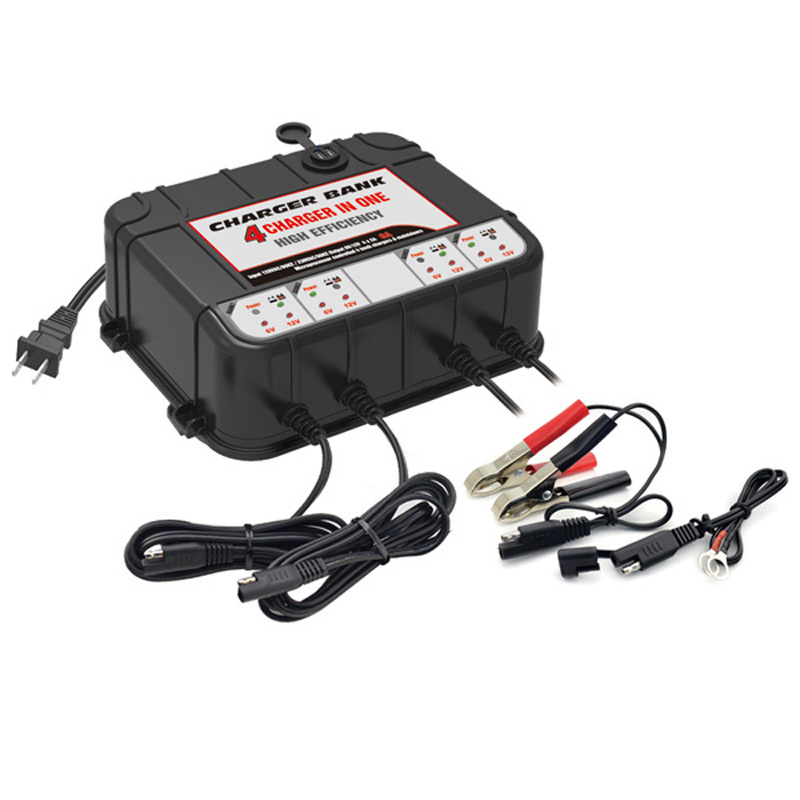 12 Volt 2 AMP Battery Charger with 2 USB Ports - 4 Banks