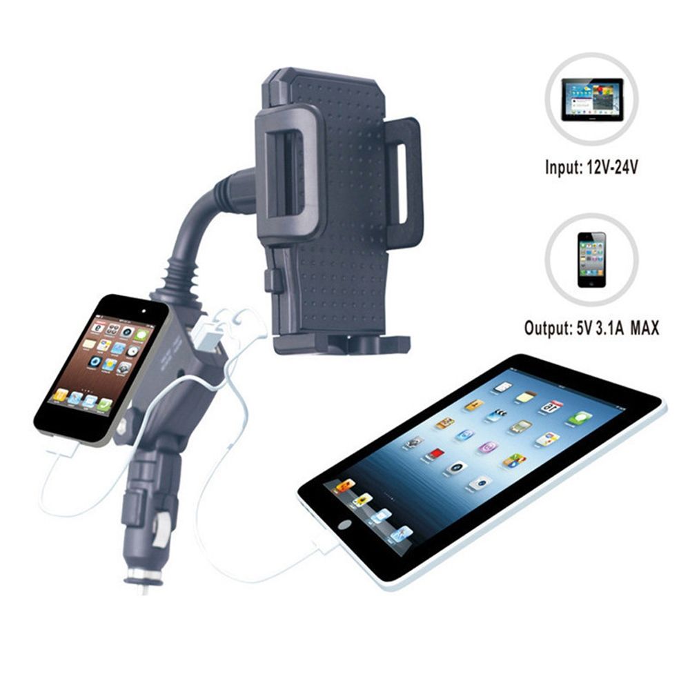 Multifunction USB Car Charger 360 Degree Mobile Phone Car GPS Navigation Holder with Dual USB Cigarette Lighter