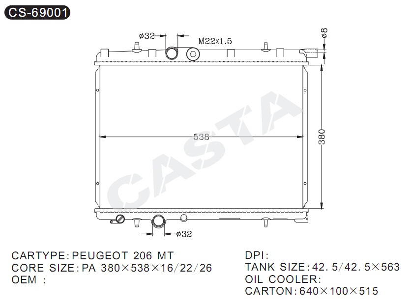 Aluminun Radiator for Peugeot 206MT