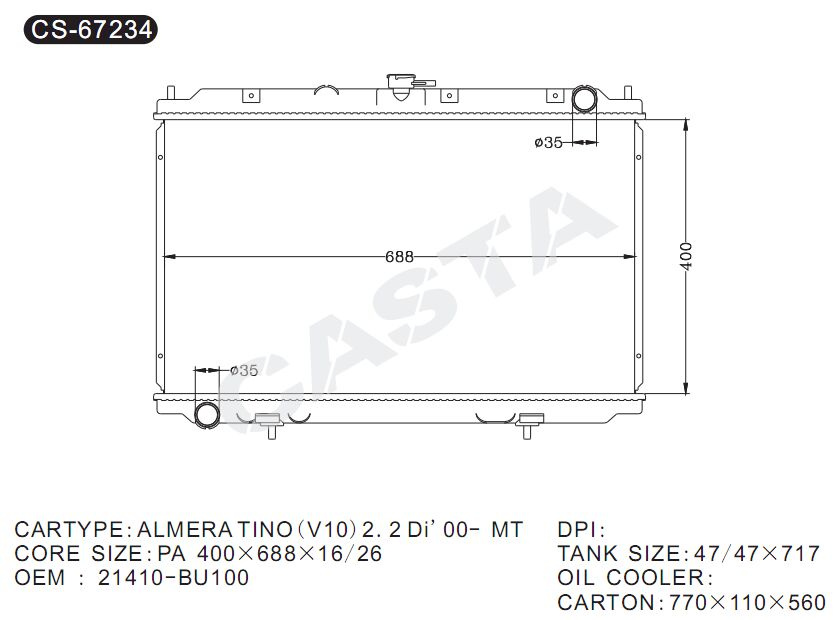 High Quality Auto Radiator for Nissan Almera Tino (V10) 2.2di00-Mt