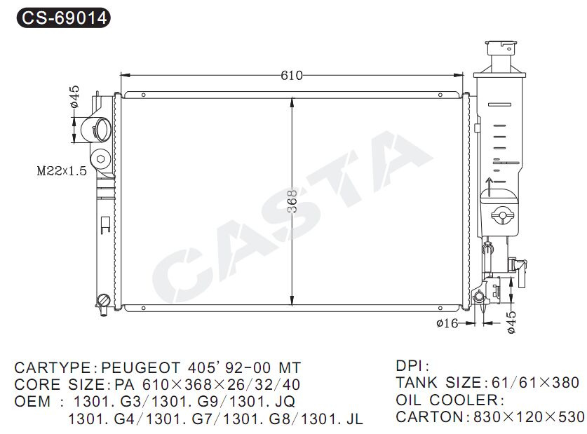 Promotional aluminum auto radiator for Peugeot 405'92-00Mt
