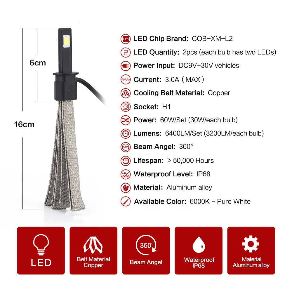 H1 30W 6000k COB LED Headlight Conversion
