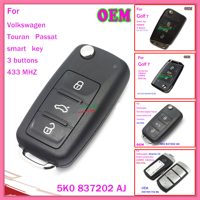 Original Smart Remote Key for VW Magotan Cc with 3 Buttons 433MHz ID46 Chip