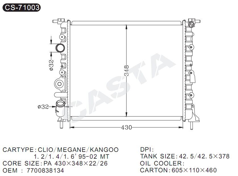 High Efficient Auto Parts Aluminum Radiator for Clio/Megane/Kangoo 1.2/1.4/1.6'95-02Mt