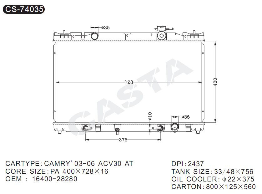 After Market Auto Radiator for Camry'03-06 Acv30 AT