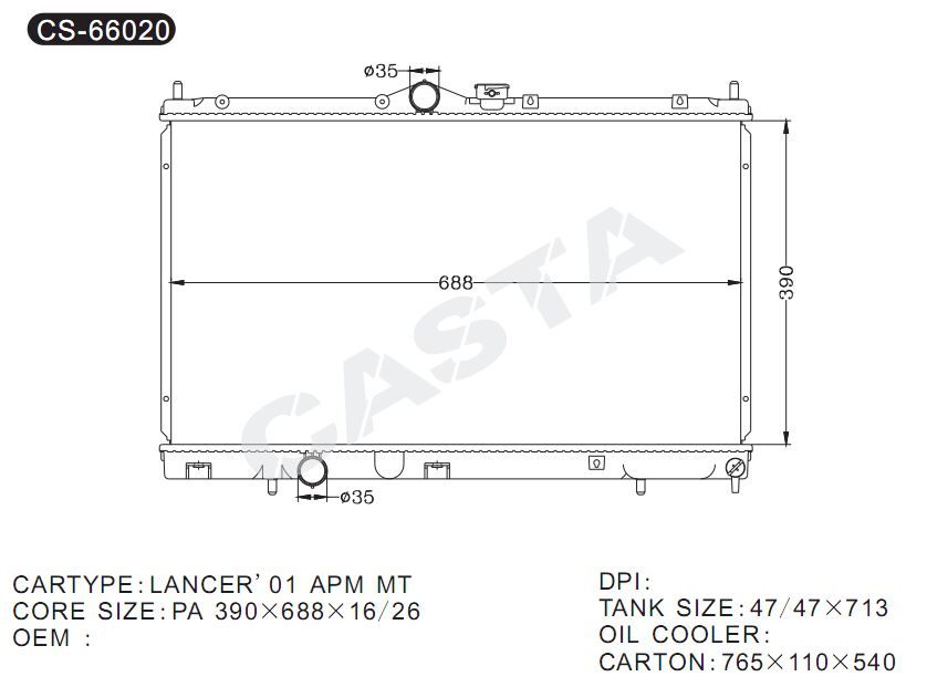 High efficient auto aluminum radiator for Lancer'01apm Mt