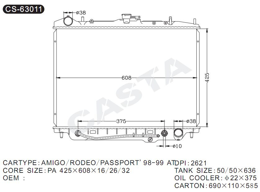 Hot Sales Auto Parts Radiator Dpi 2621 for Isuzu Amigo/Rodeo/Passport'98-99