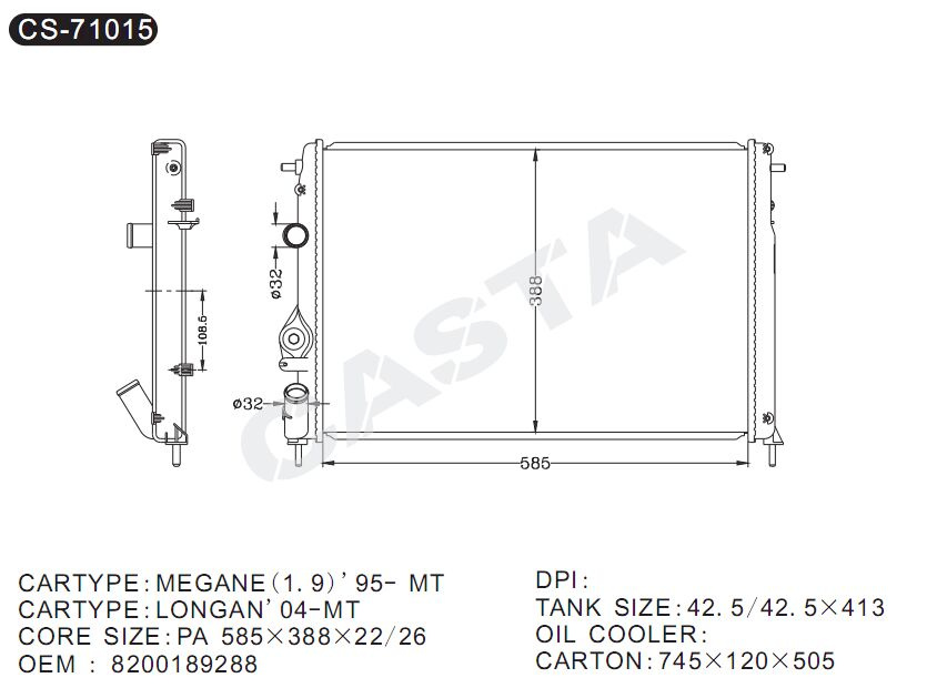 Good-quality Renault radiator for Megane (1.9) '95-mt