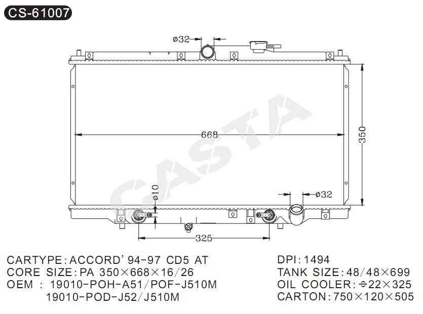 Replace Use Auto Radiator for Honda Accord'94-97 CD5 AT