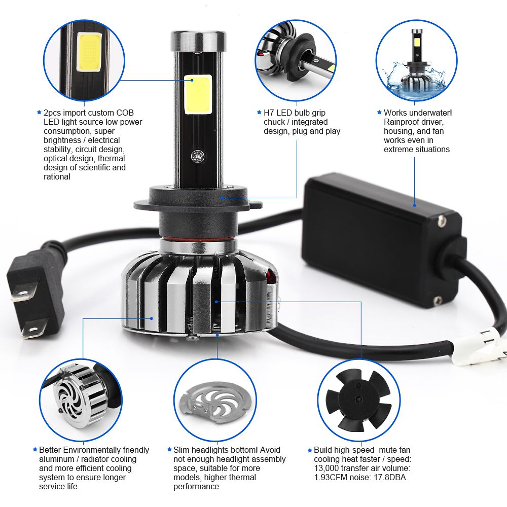 80W 8000lumens 6000k H7 LED Headlight Conversion