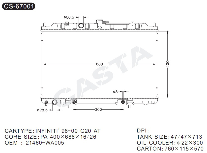 OEM: 21460-Wa005 for Nissan Infiniti'98-00 G20 aluminum radiator
