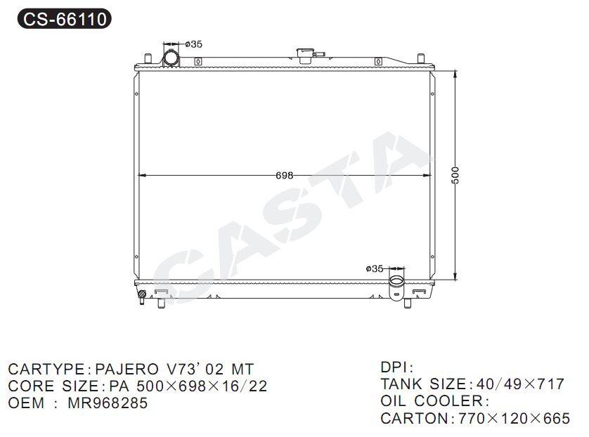 High Efficient Auto Parts Radiator for Mitsubishi Pajero V73'02 Mt OEM: Mr968285