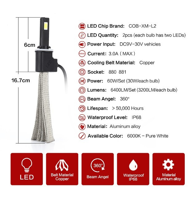 New 880/881 COB LED Headlight Kit Beam Bulbs 6000k White
