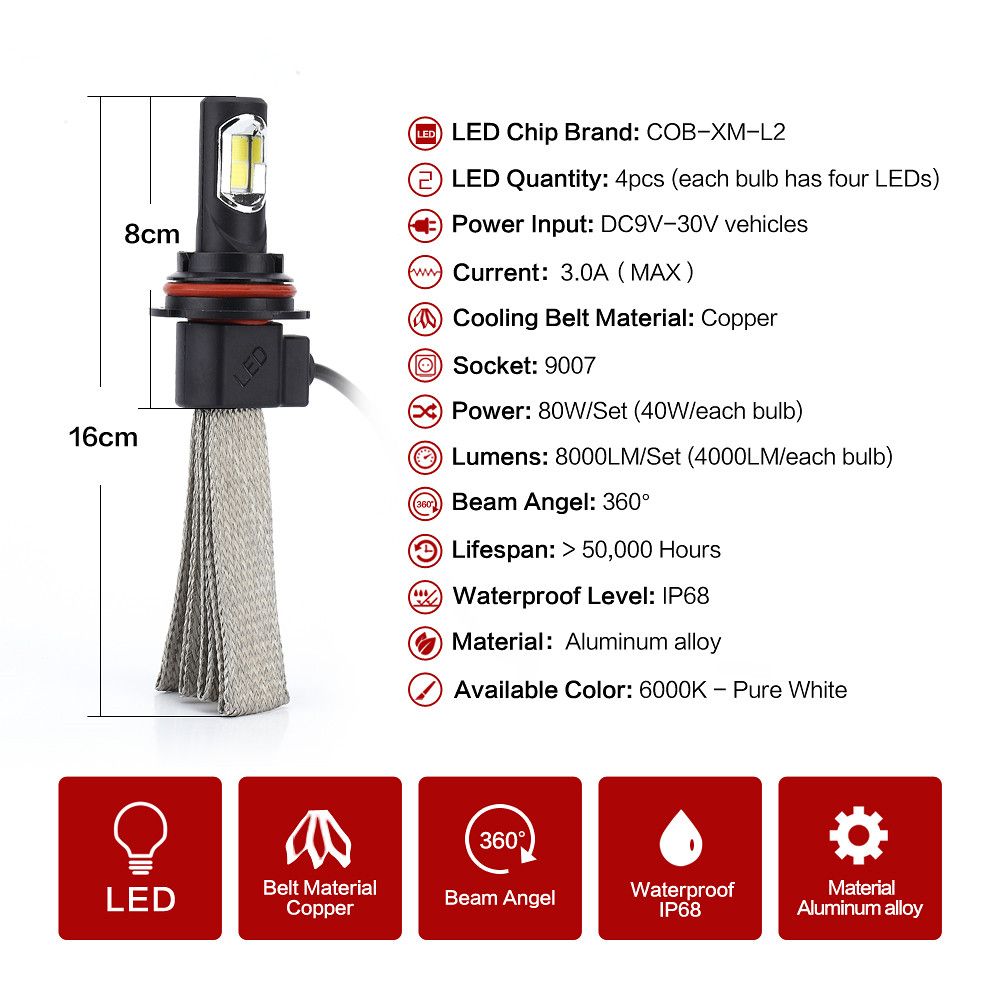 9007 9-30V 30W 6000k LED Headlight Kits for Car