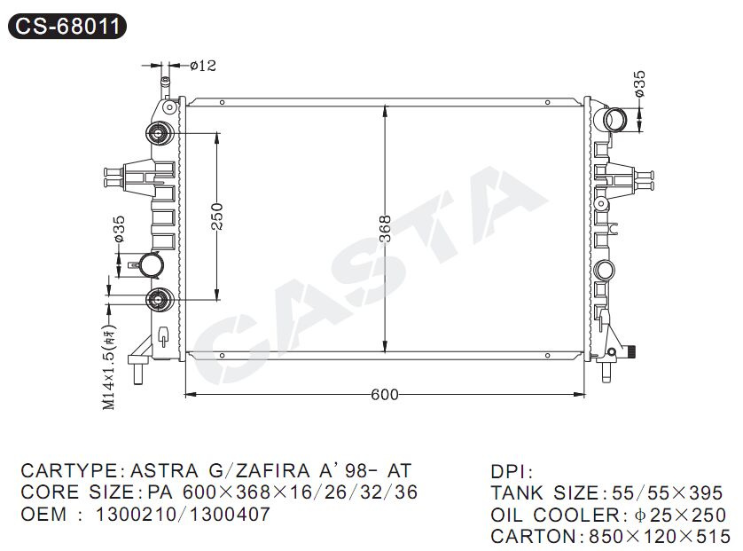 Replacement car engine radiator for Opel Astra G/Zafira A'98-at