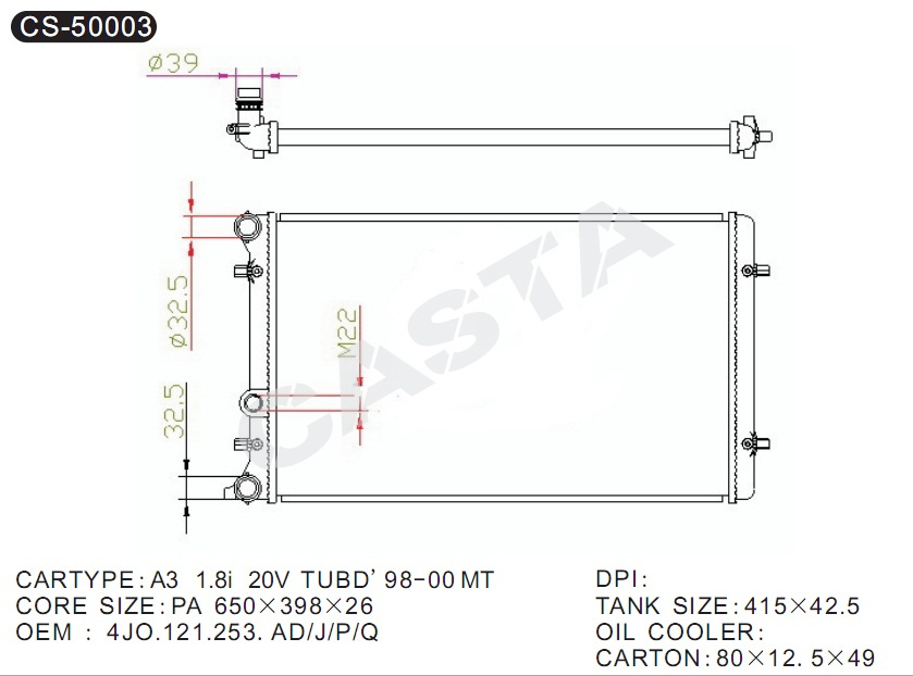 Aluminum Auto Radiator for Volkswangen Audi A3'98-00 Mt