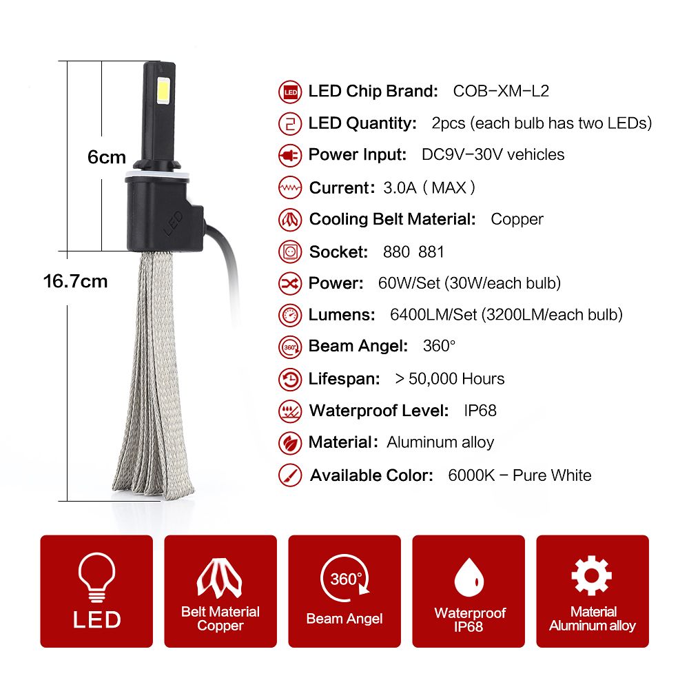 880 30W 6000k Canbus Aftermarket LED Headlights