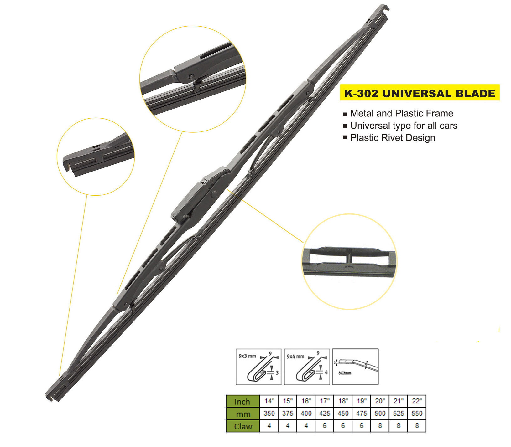 OEM Wiper Blades, Clear View, Universal and All Metal Design, for Japan and Korea Cars