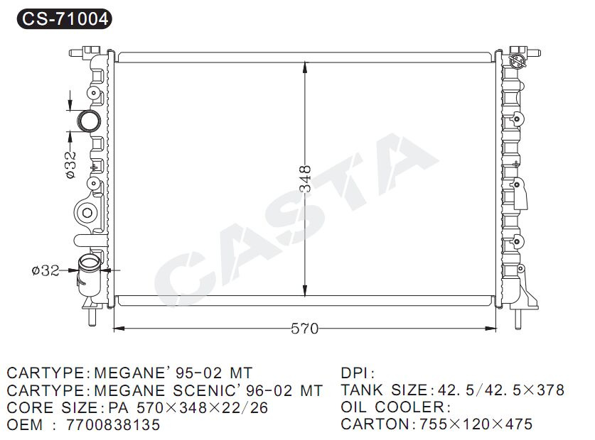 Hot Sale Auto Radiator For Renault Megane'95-02mt