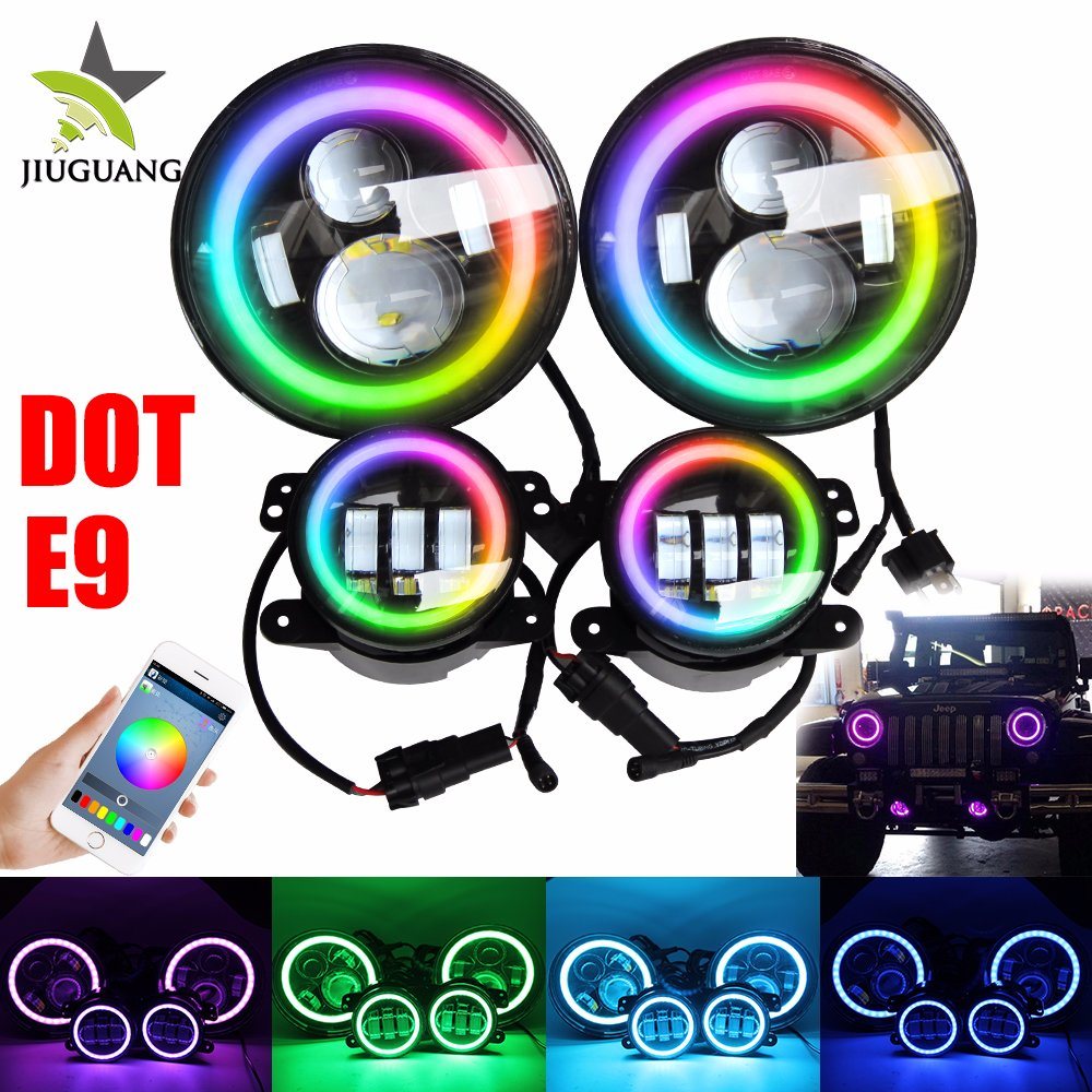 Waterproof IP67 4inch Fog Light High Low Beam Halo Ring RGB Auto 7 Inch Round LED Headlight for Jeep Wrangler