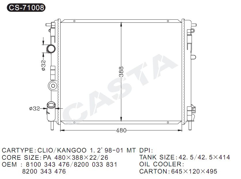 Favorable price car radiator for Clio/Kangoo 1.2'98-01mt