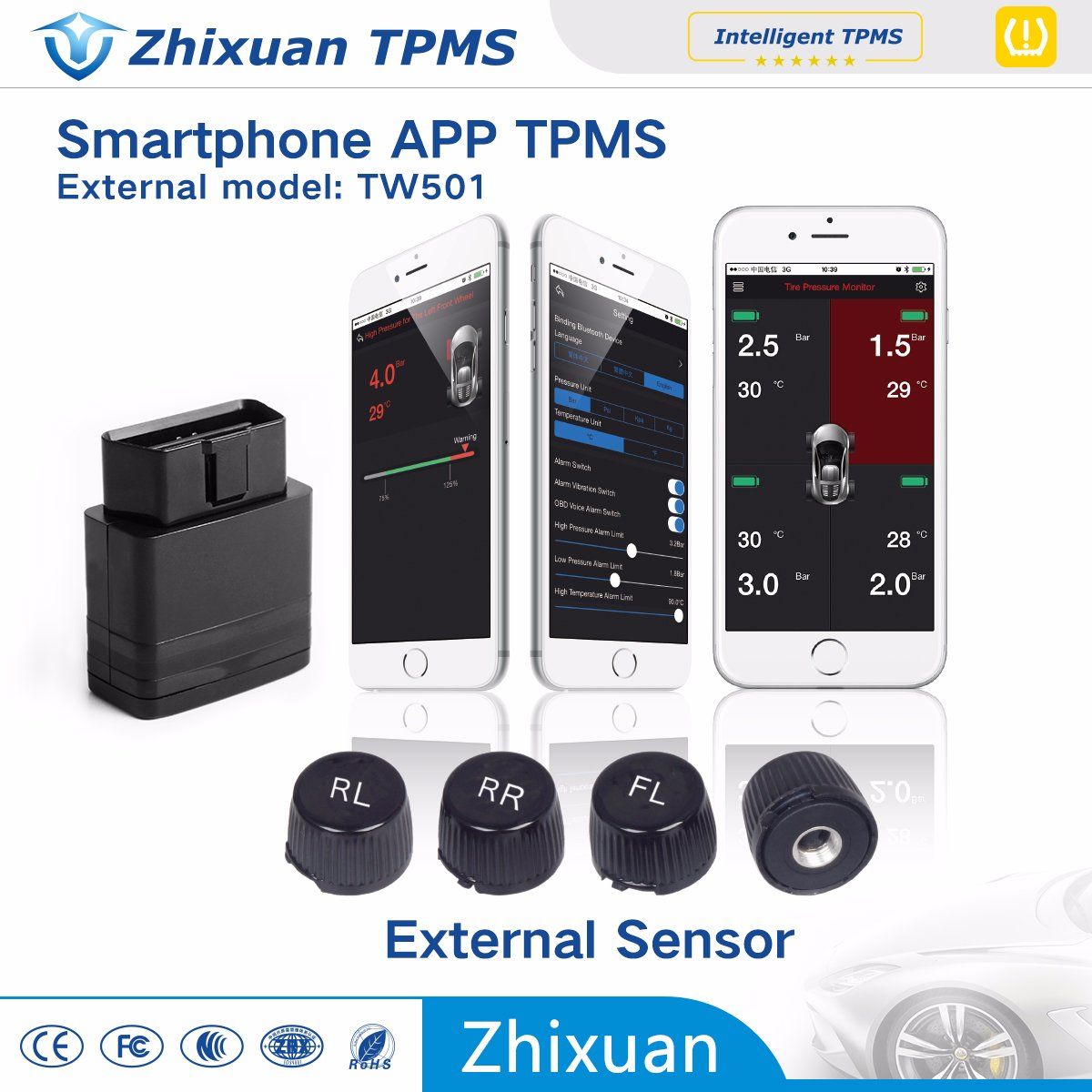 Smart Phone TPMS Tire Pressure Monitoring System Bluetooth External Sensors Wireless Factory