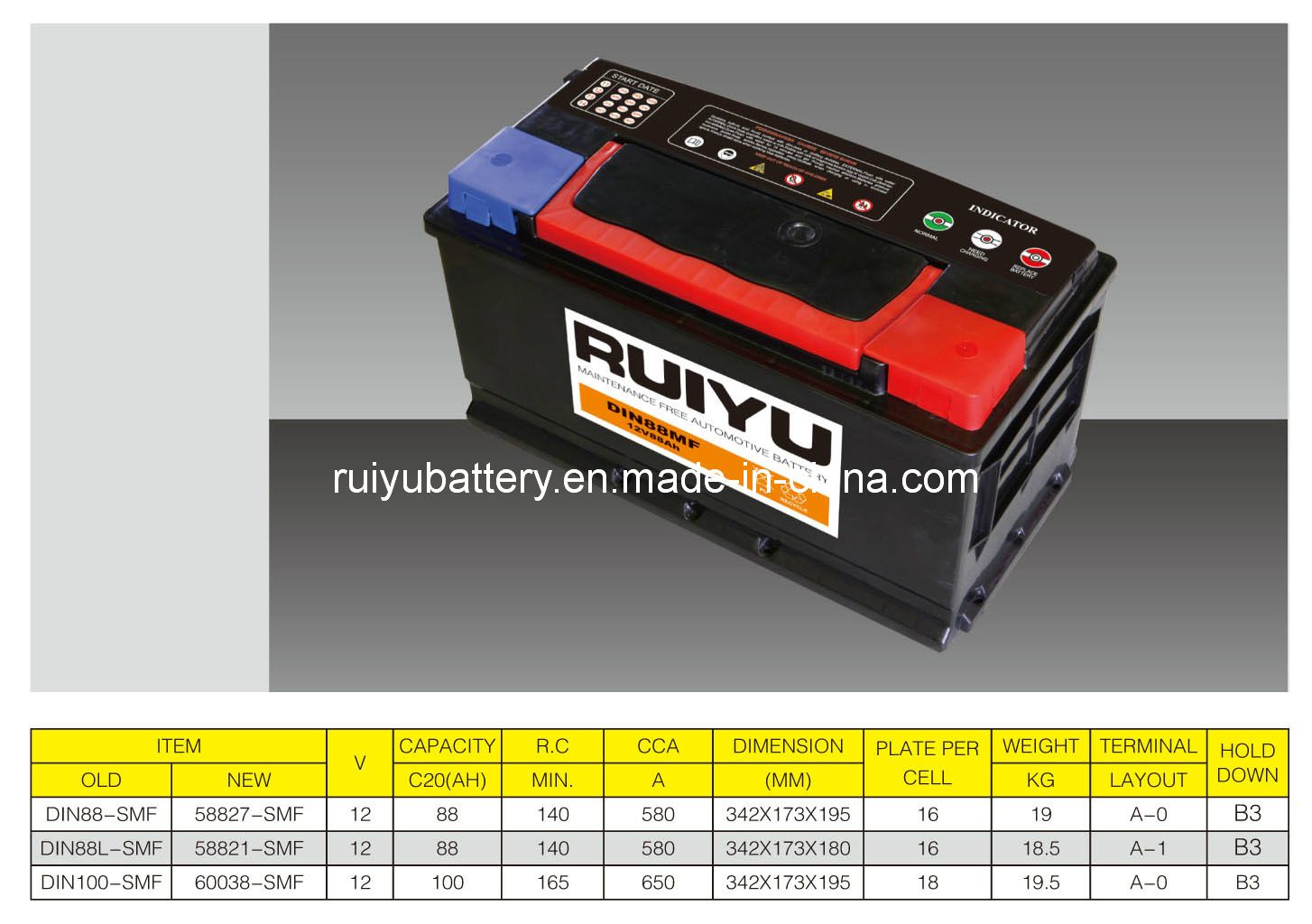 12V88ah DIN88 Sealed Maintenance Free Car Battery