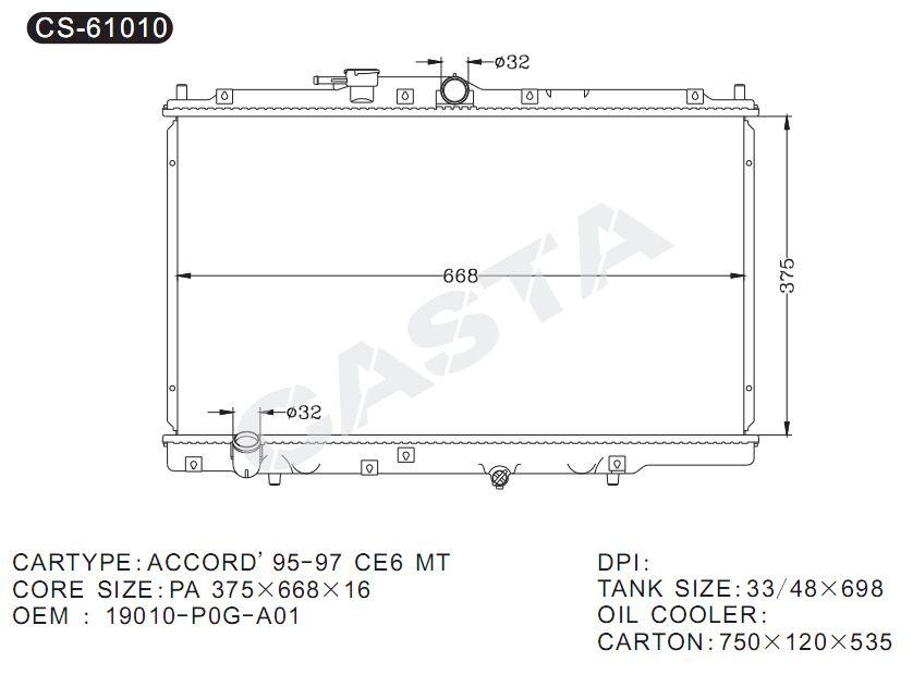 Aftermarket Auto Radiator for Honda Accord'95-97 Ce6 Mt OEM: 19010-P0g-A01